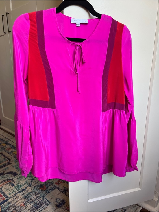 Amanda Uprichard Tops - Amanda Uprichard Colorblock Silk Tie Magenta Blouse with Red and Plum Panels